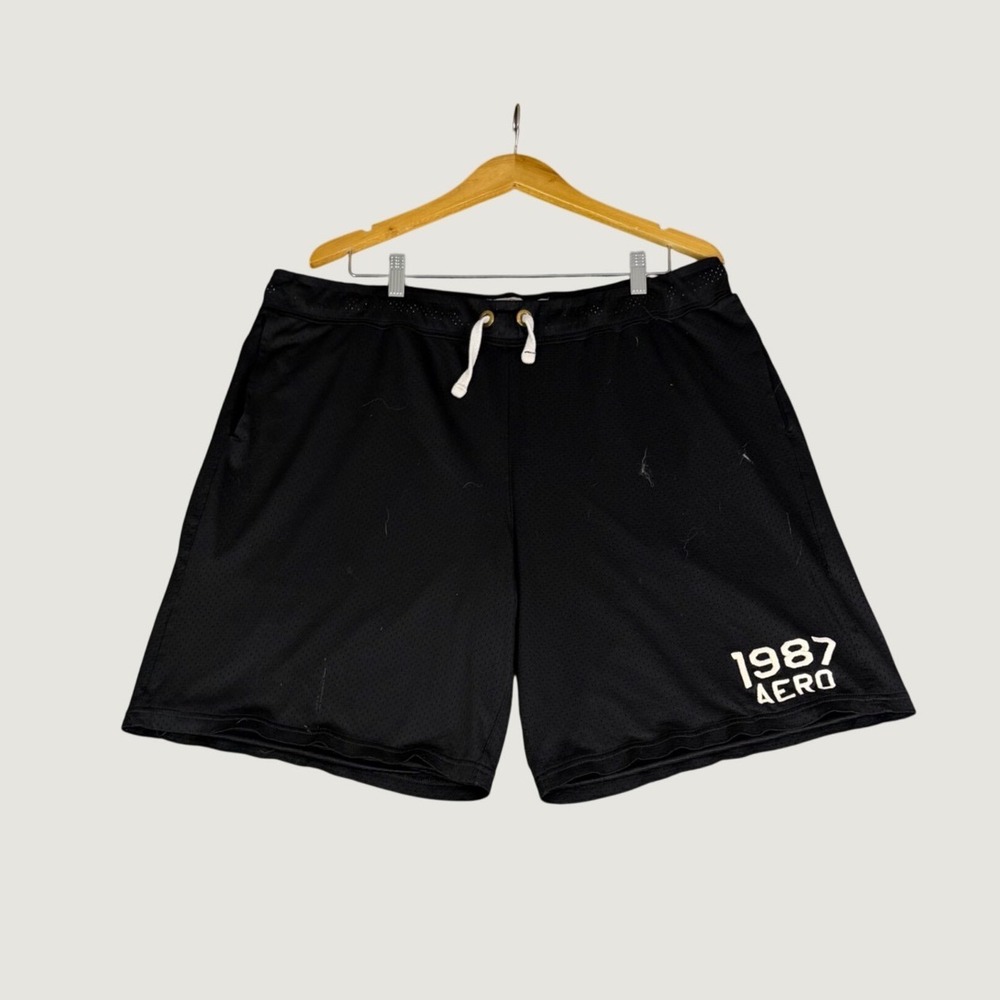 Aeropostale Mens XL Black Mesh Athletic Gym Shorts 1987 Aero Graphic Drawstring